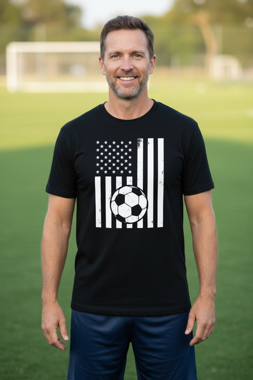 USA Soccer Flag Design - Patriotic Athlete & Soccer Lover T-Shirt for Men BLACK - FRONT
