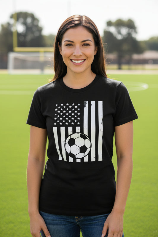 USA Soccer Flag Design - Patriotic Athlete & Soccer Lover T-Shirt for Women BLACK - FRONT