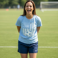 USA Soccer Flag Design - Patriotic Athlete & Soccer Lover T-Shirt for Women BABY BLUE - FRONT