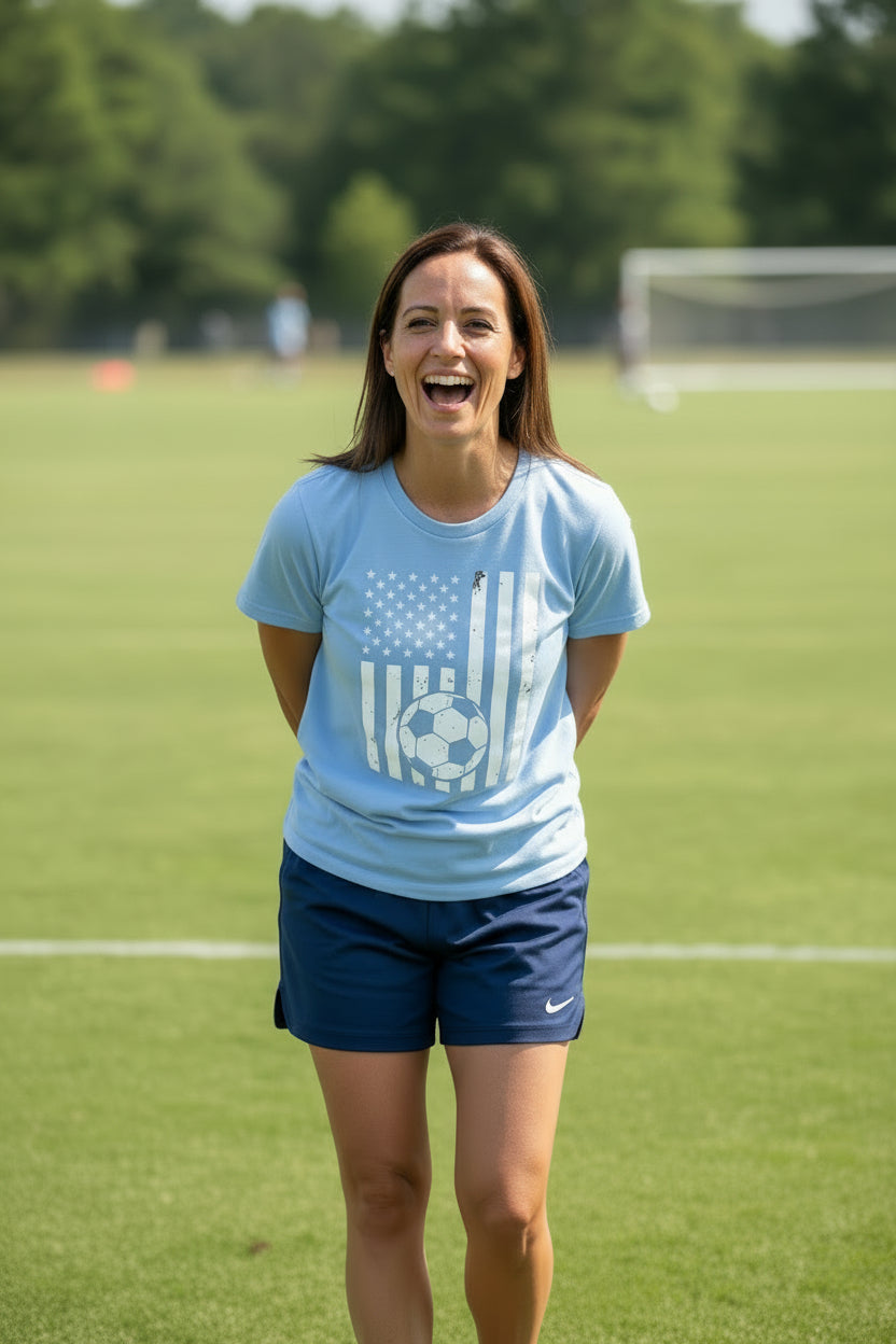 USA Soccer Flag Design - Patriotic Athlete & Soccer Lover T-Shirt for Women BABY BLUE - FRONT