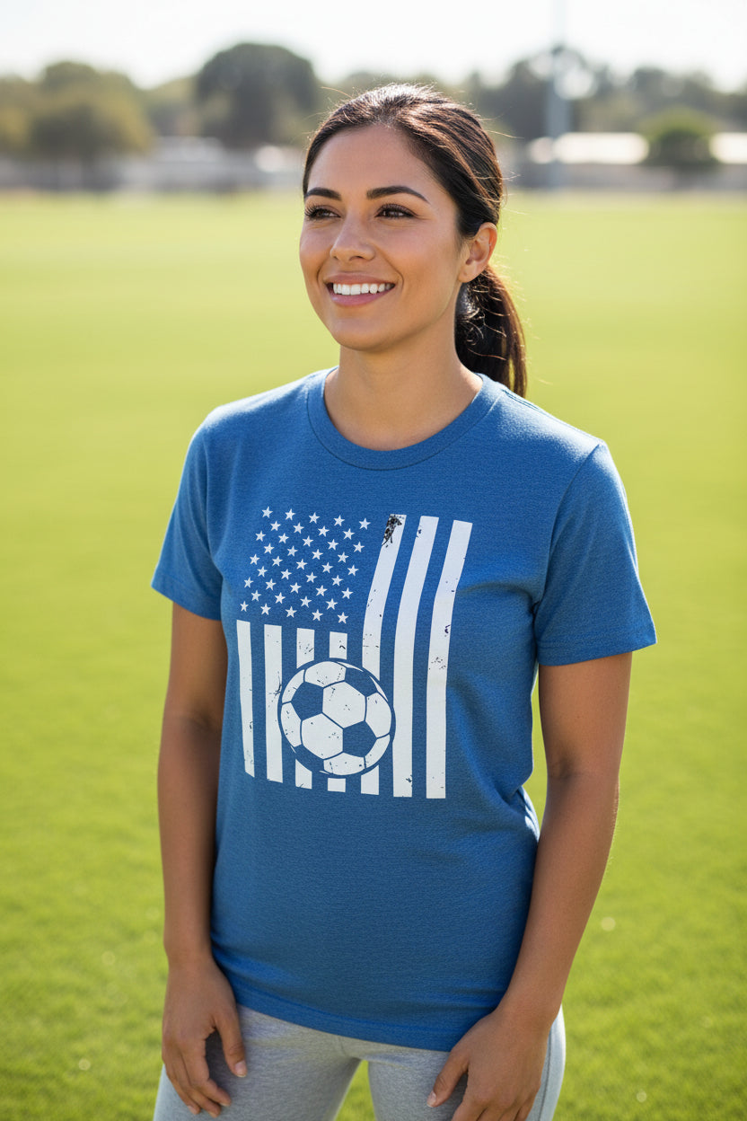 USA Soccer Flag Design - Patriotic Athlete & Soccer Lover T-Shirt for Women HTHR TRUE ROYAL - FRONT