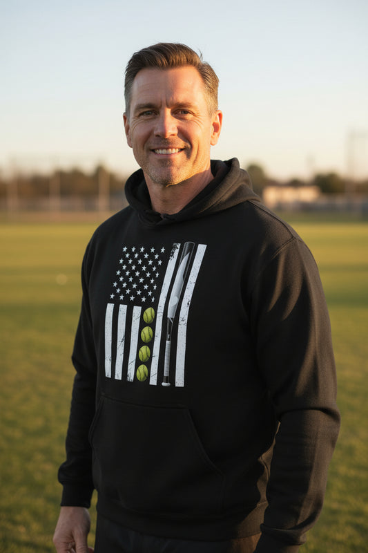 USA Softball Flag Design - Patriotic Athlete & Softball Lover Hoodie for Men BLACK - FRONT