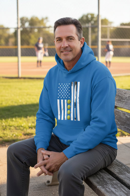 USA Softball Flag Design - Patriotic Athlete & Softball Lover Hoodie for Men Royal - FRONT