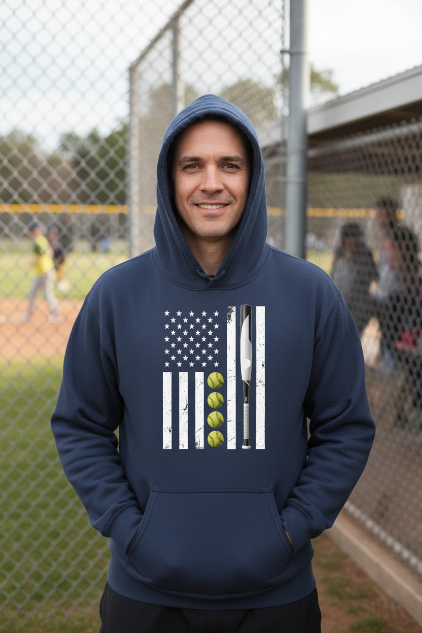 USA Softball Flag Design - Patriotic Athlete & Softball Lover Hoodie for Men NAVY - FRONT