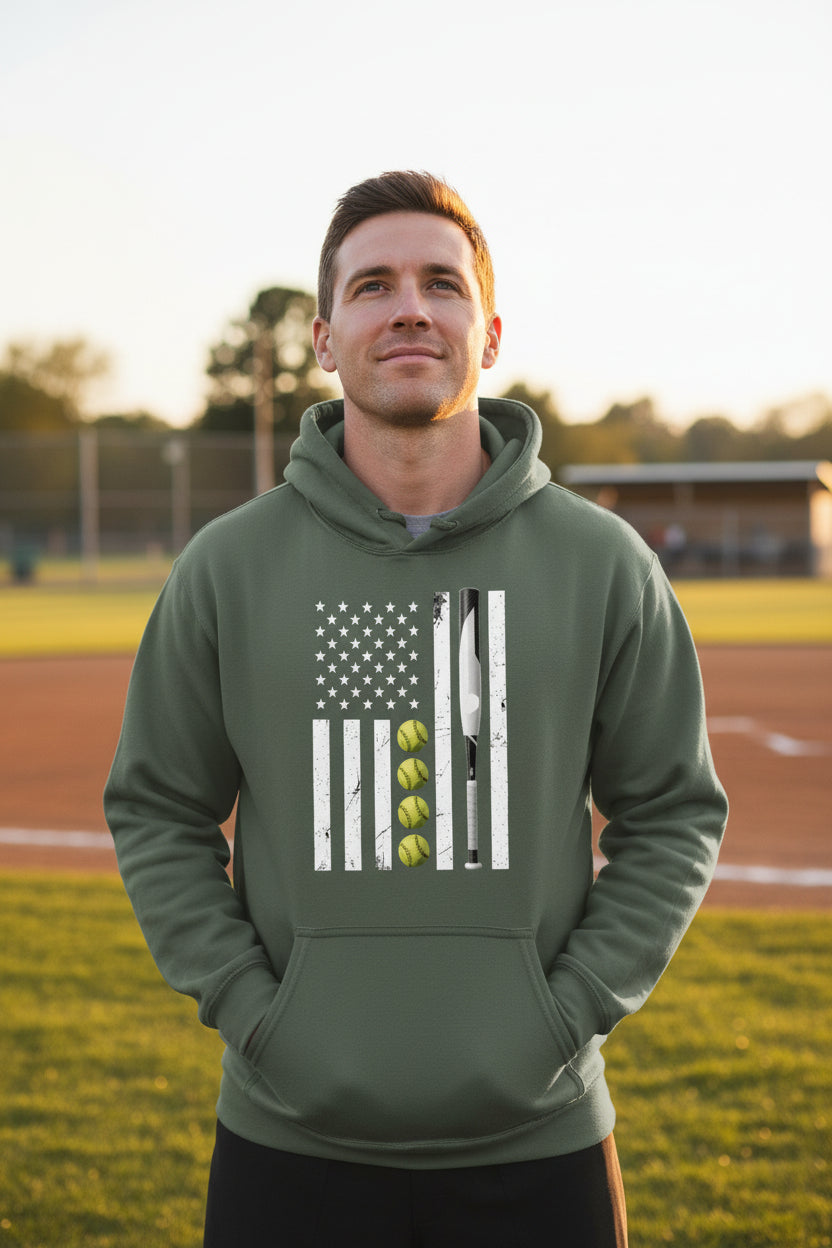 USA Softball Flag Design - Patriotic Athlete & Softball Lover Hoodie for Men MILITARY GREEN - FRONT