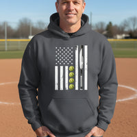 USA Softball Flag Design - Patriotic Athlete & Softball Lover Hoodie for Men DARK HEATHER - FRONT