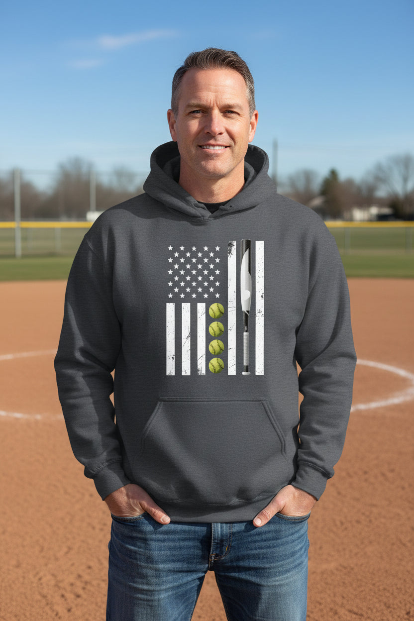 USA Softball Flag Design - Patriotic Athlete & Softball Lover Hoodie for Men DARK HEATHER - FRONT