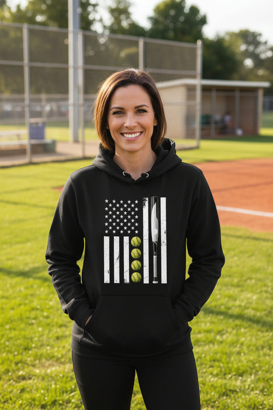 USA Softball Flag Design - Patriotic Athlete & Softball Lover Hoodie for Women BLACK - FRONT