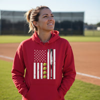USA Softball Flag Design - Patriotic Athlete & Softball Lover Hoodie for Women RED - FRONT