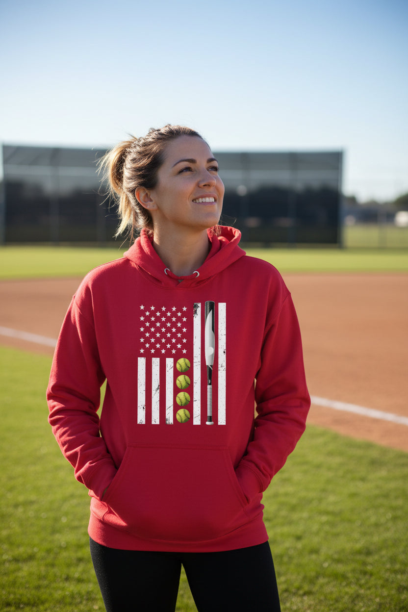 USA Softball Flag Design - Patriotic Athlete & Softball Lover Hoodie for Women RED - FRONT