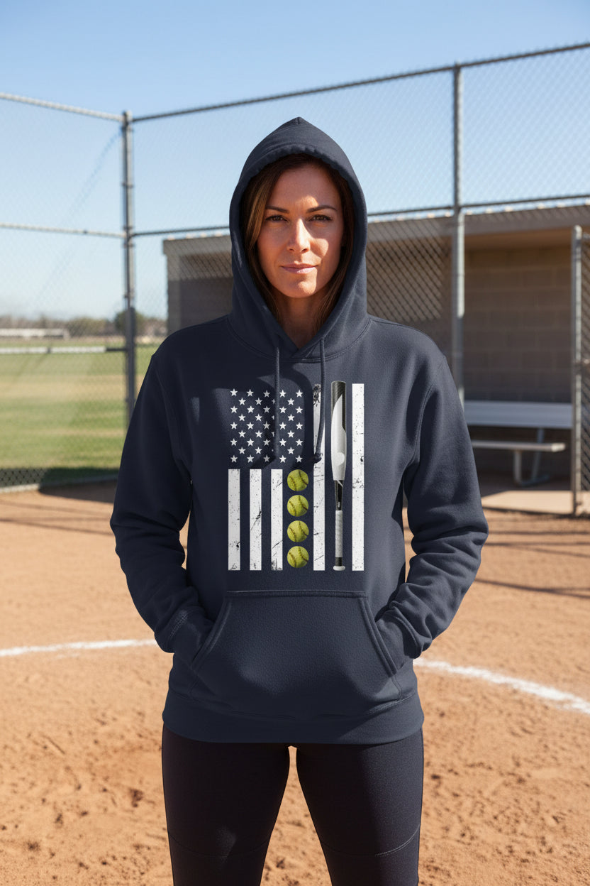 USA Softball Flag Design - Patriotic Athlete & Softball Lover Hoodie for Women NAVY - FRONT