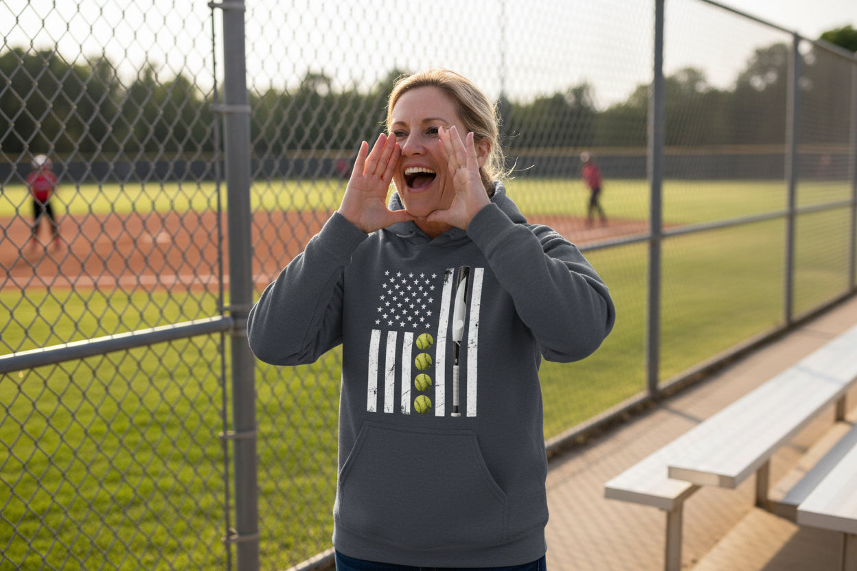 USA Softball Flag Design - Patriotic Athlete & Softball Lover Hoodie for Women DARK HEATHER - FRONT