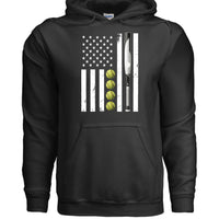 USA Softball Flag Design - Patriotic Athlete & Softball Lover Hoodie for Women BLACK - FRONT