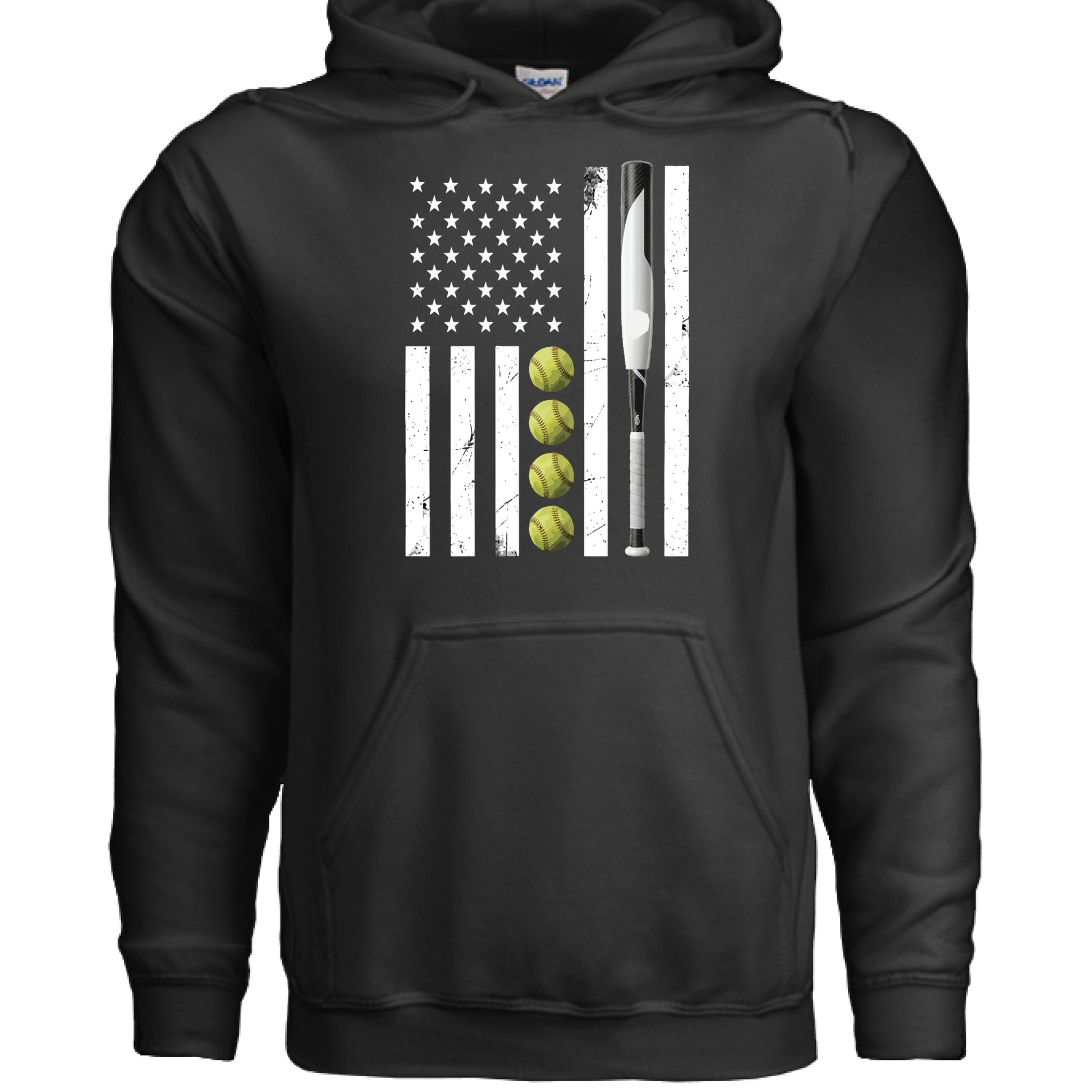 USA Softball Flag Design - Patriotic Athlete & Softball Lover Hoodie for Women BLACK - FRONT