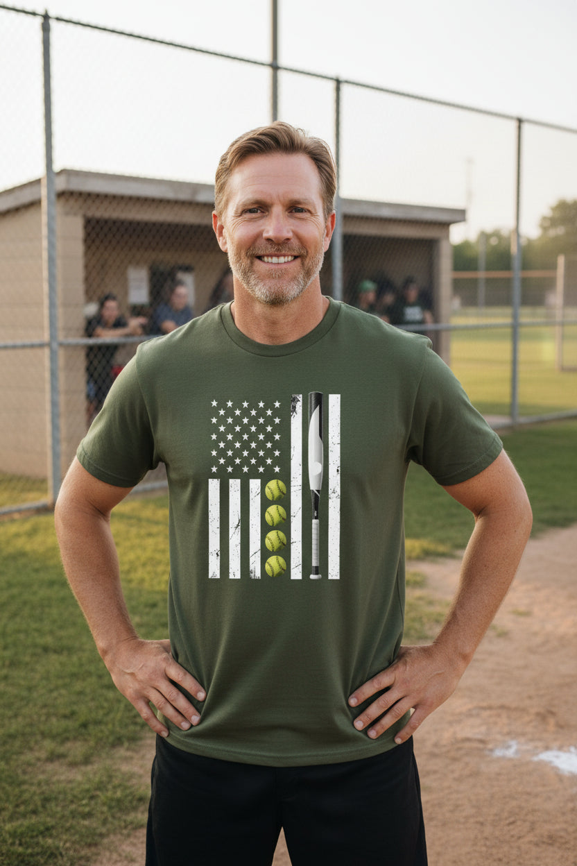 USA Softball Flag Design - Patriotic Athlete & Softball Lover T-Shirt for Men MILITARY GREEN - FRONT