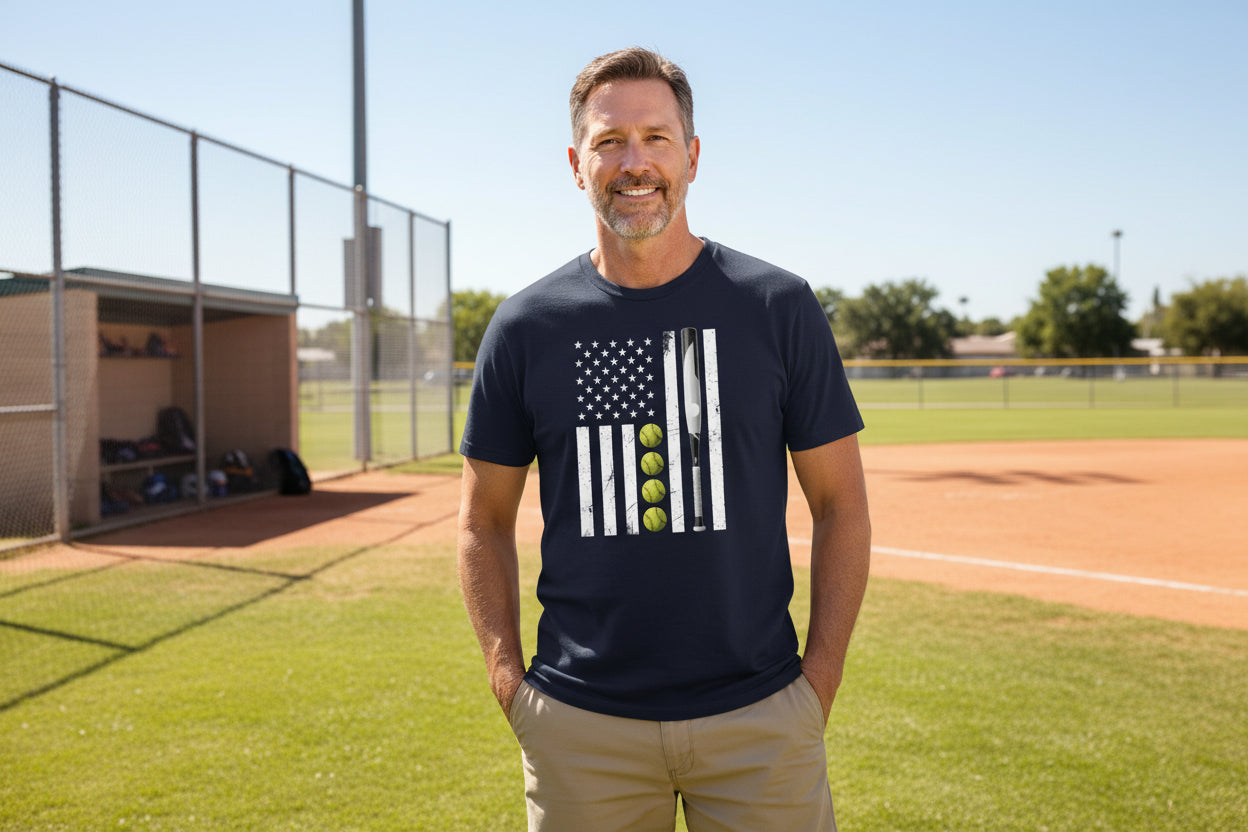 USA Softball Flag Design - Patriotic Athlete & Softball Lover T-Shirt for Men MIDNIGHT NAVY - FRONT