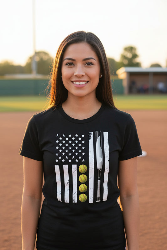 USA Softball Flag Design - Patriotic Athlete & Softball Lover T-Shirt for Women BLACK - FRONT
