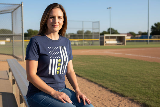 USA Softball Flag Design - Patriotic Athlete & Softball Lover T-Shirt for Women NAVY - FRONT