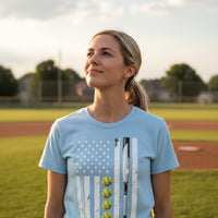 USA Softball Flag Design - Patriotic Athlete & Softball Lover T-Shirt for Women BABY BLUE - FRONT