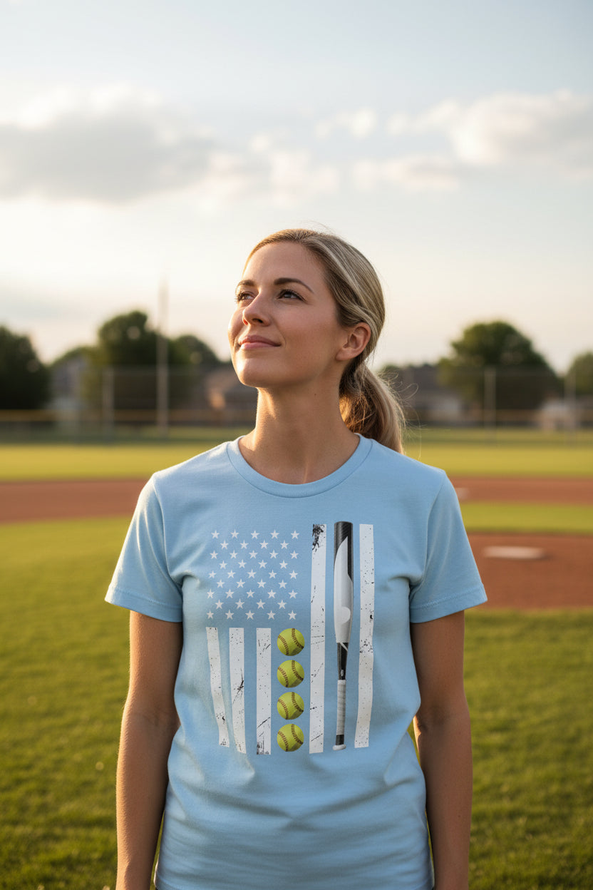 USA Softball Flag Design - Patriotic Athlete & Softball Lover T-Shirt for Women BABY BLUE - FRONT