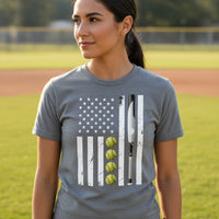 USA Softball Flag Design - Patriotic Athlete & Softball Lover T-Shirt for Women DEEP HEATHER - FRONT