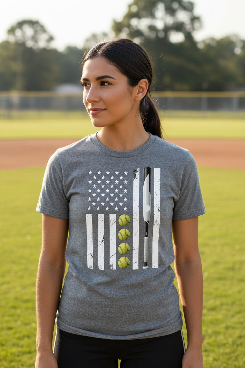USA Softball Flag Design - Patriotic Athlete & Softball Lover T-Shirt for Women DEEP HEATHER - FRONT