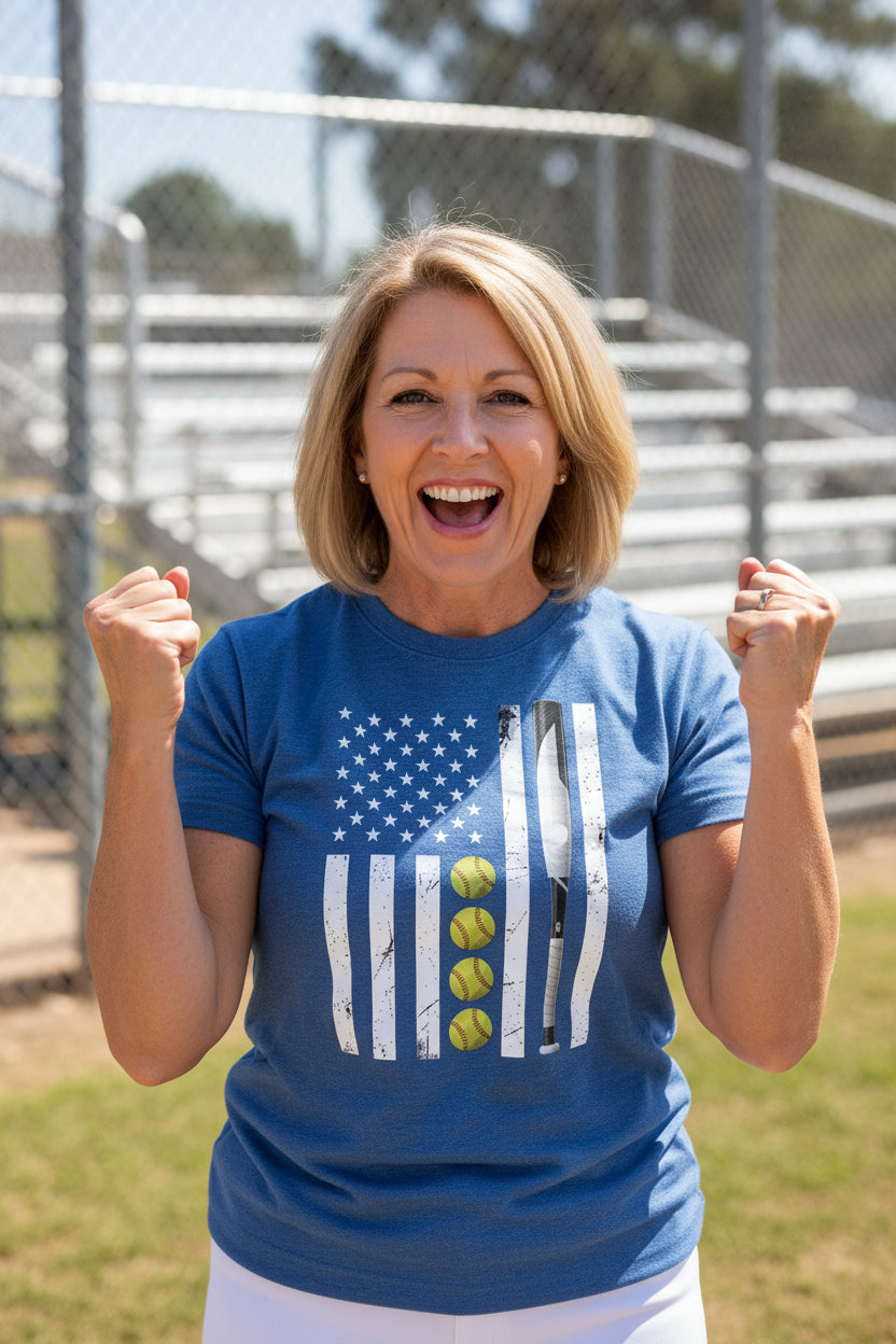 USA Softball Flag Design - Patriotic Athlete & Softball Lover T-Shirt for Women HTHR TRUE ROYAL - FRONT