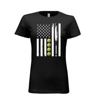 USA Softball Flag Design - Patriotic Athlete & Softball Lover T-Shirt for Women BLACK - FRONT