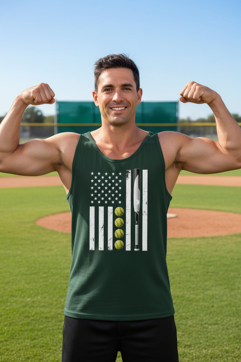 USA Softball Flag Design - Patriotic Athlete & Softball Lover Tank Top for Men Forest - FRONT
