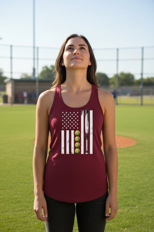 USA Softball Flag Design - Patriotic Athlete & Softball Lover Tank Top for Women Scarlet - FRONT