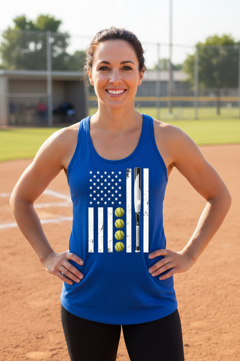 USA Softball Flag Design - Patriotic Athlete & Softball Lover Tank Top for Women Royal - FRONT