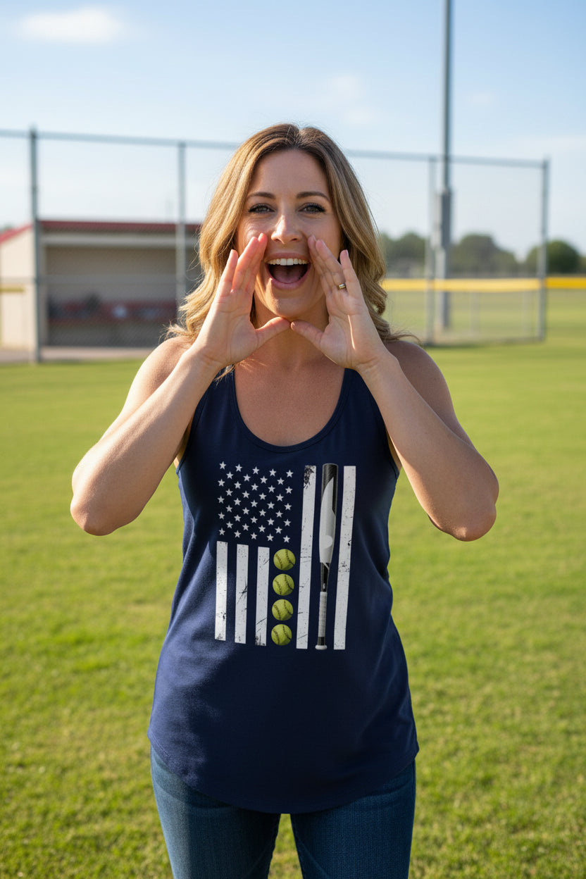 USA Softball Flag Design - Patriotic Athlete & Softball Lover Tank Top for Women Midnight Navy - FRONT