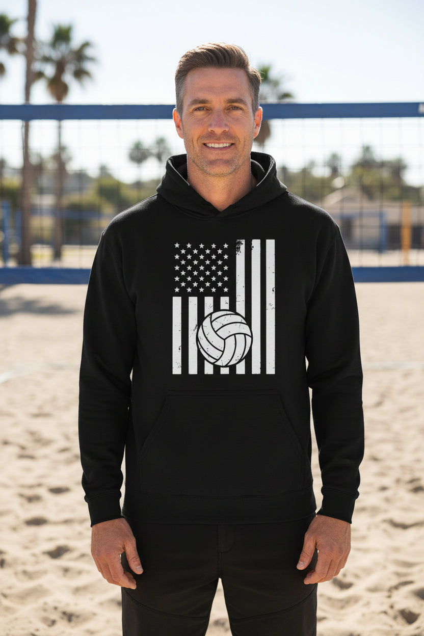 USA Volleyball Flag Design - Patriotic Athlete & Volleyball Lover Hoodie for Men BLACK - FRONT
