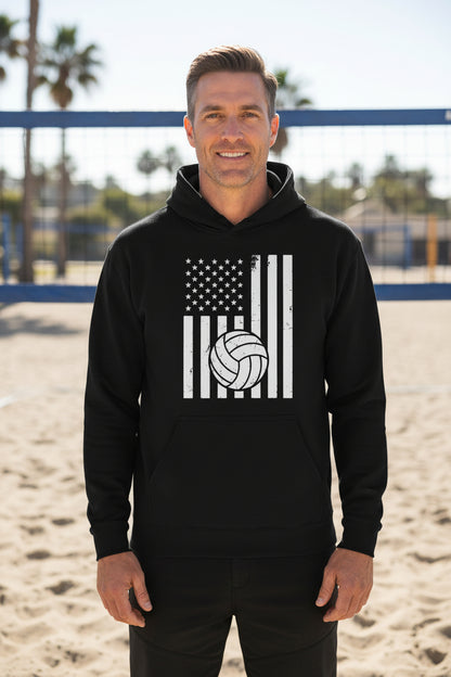 USA Volleyball Flag Design - Patriotic Athlete & Volleyball Lover Hoodie for Men BLACK - FRONT