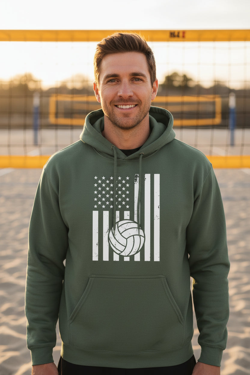USA Volleyball Flag Design - Patriotic Athlete & Volleyball Lover Hoodie for Men MILITARY GREEN - FRONT