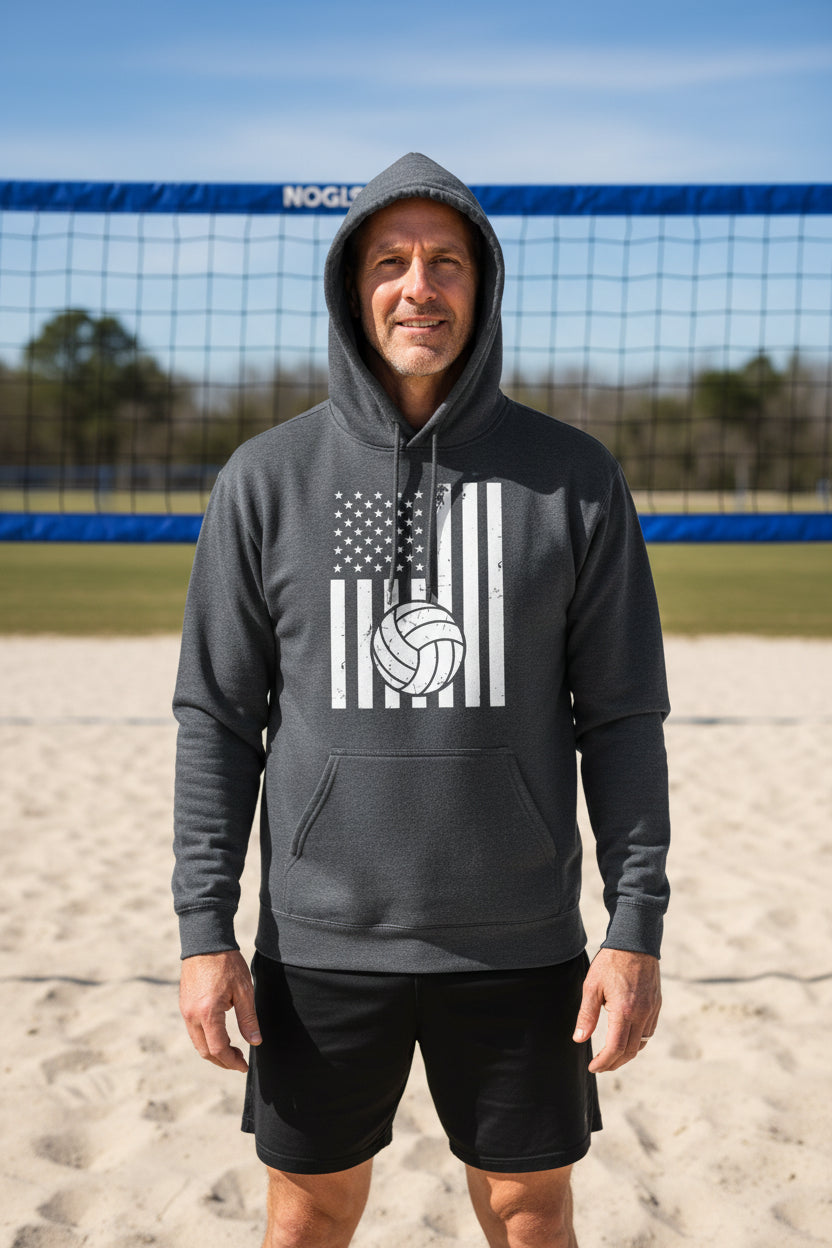 USA Volleyball Flag Design - Patriotic Athlete & Volleyball Lover Hoodie for Men DARK HEATHER - FRONT