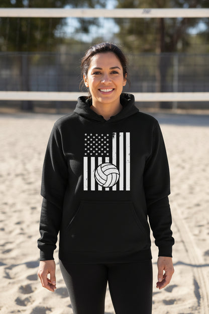 USA Volleyball Flag Design - Patriotic Athlete & Volleyball Lover Ladies Hoodie BLACK - FRONT