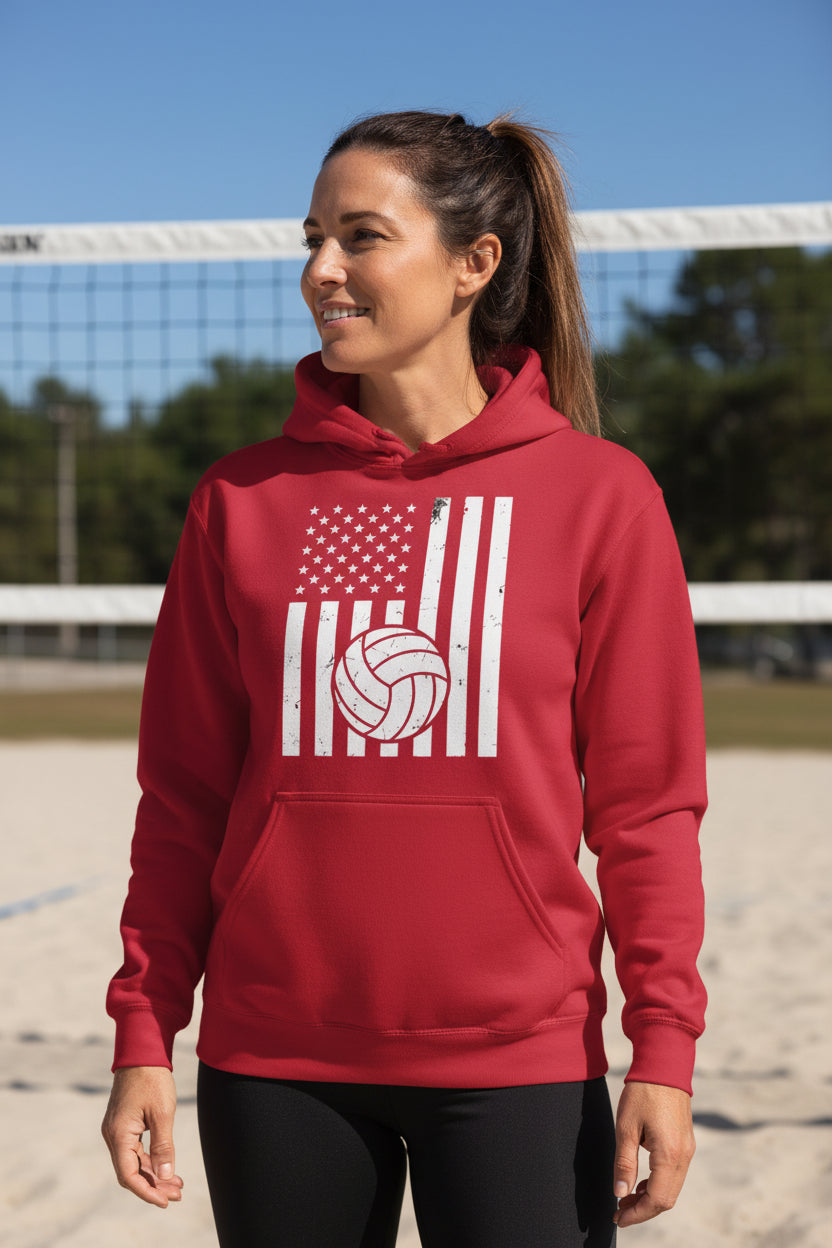 USA Volleyball Flag Design - Patriotic Athlete & Volleyball Lover Ladies Hoodie RED - FRONT