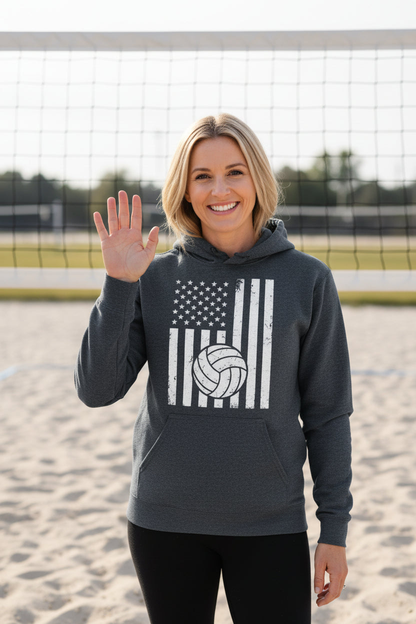 USA Volleyball Flag Design - Patriotic Athlete & Volleyball Lover Ladies Hoodie DARK HEATHER - FRONT