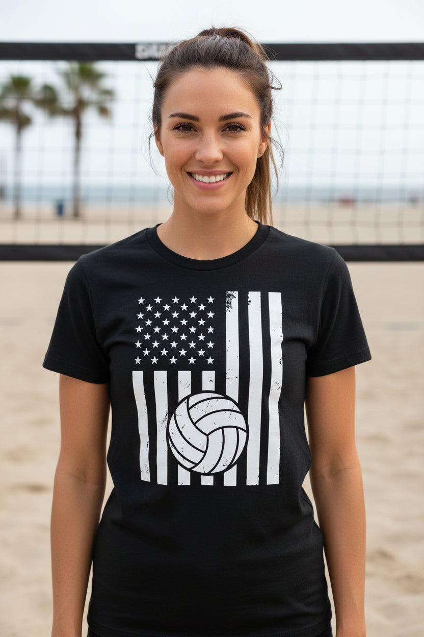 USA Volleyball Flag Design - Patriotic Athlete & Volleyball Lover Ladies T-Shirt BLACK - FRONT