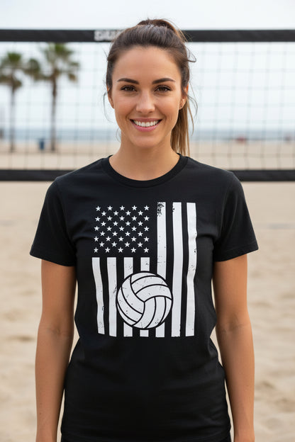 USA Volleyball Flag Design - Patriotic Athlete & Volleyball Lover Ladies T-Shirt BLACK - FRONT
