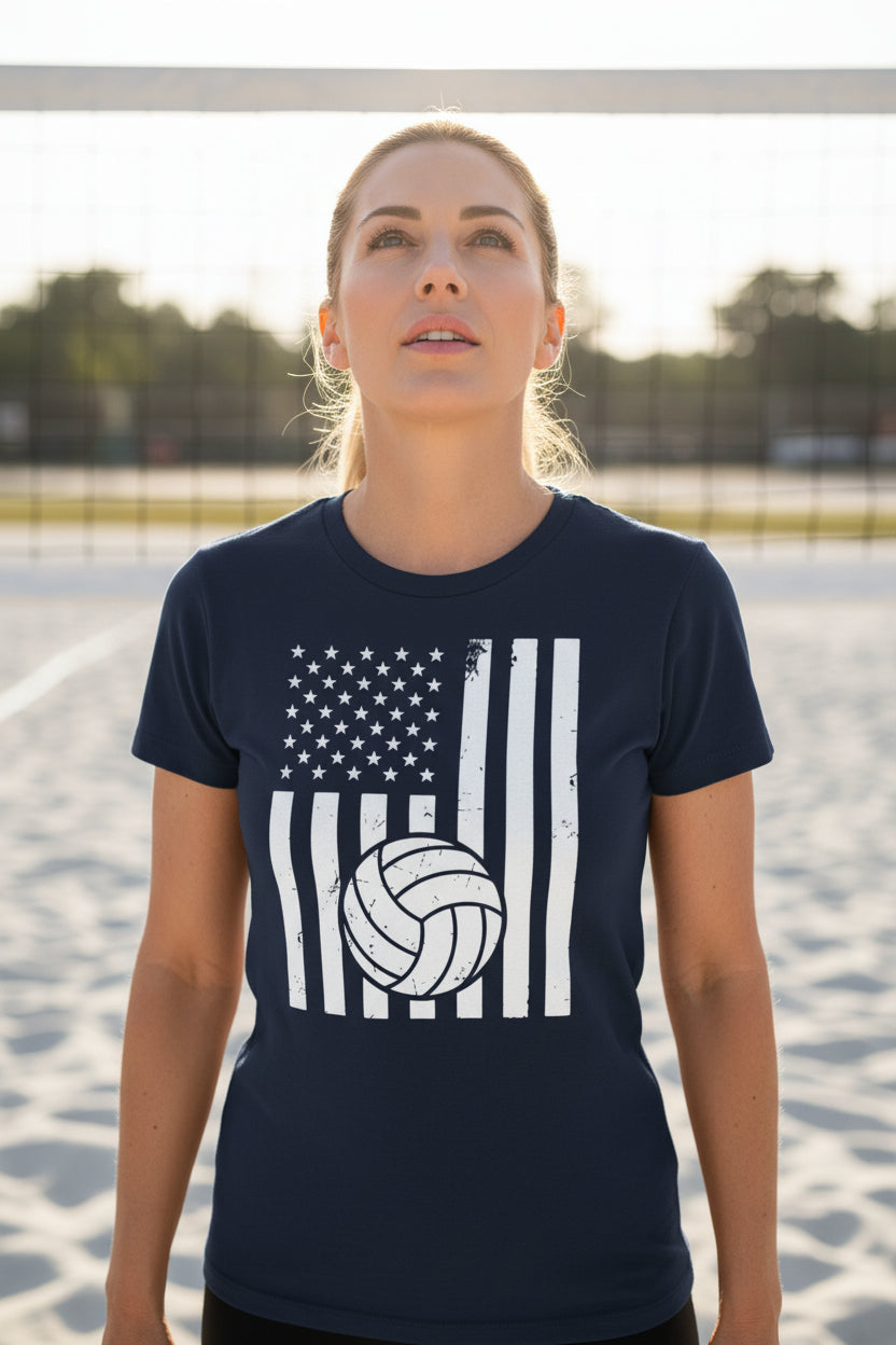 USA Volleyball Flag Design - Patriotic Athlete & Volleyball Lover Ladies T-Shirt NAVY - FRONT