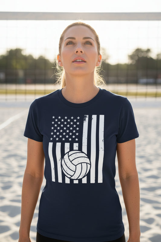 USA Volleyball Flag Design - Patriotic Athlete & Volleyball Lover Ladies T-Shirt NAVY - FRONT