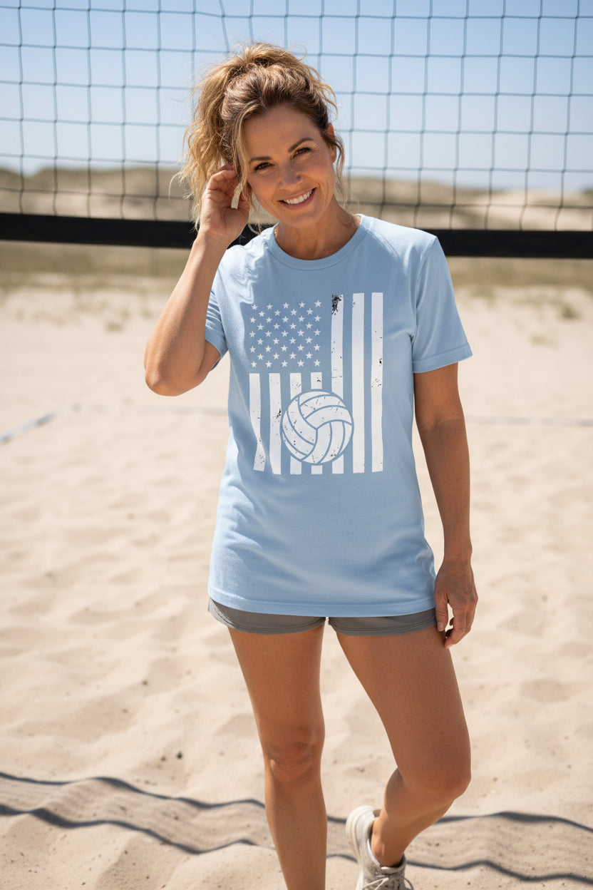 USA Volleyball Flag Design - Patriotic Athlete & Volleyball Lover Ladies T-Shirt BABY BLUE - FRONT