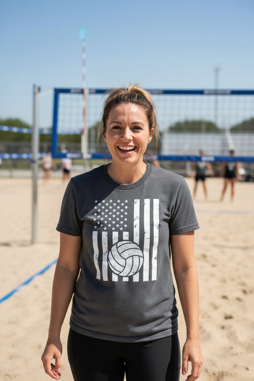 USA Volleyball Flag Design - Patriotic Athlete & Volleyball Lover Ladies T-Shirt DEEP HEATHER - FRONT