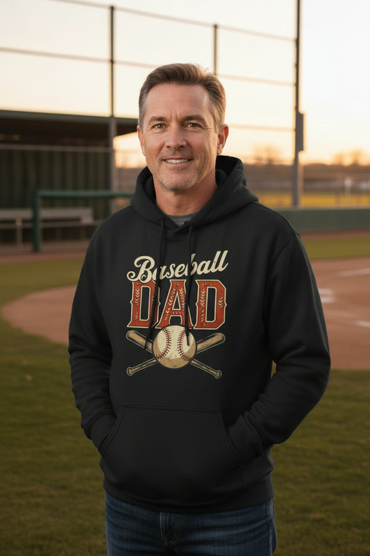 Vintage Baseball Dad Hoodie – Retro Sports Fan Pride Design BLACK - FRONT