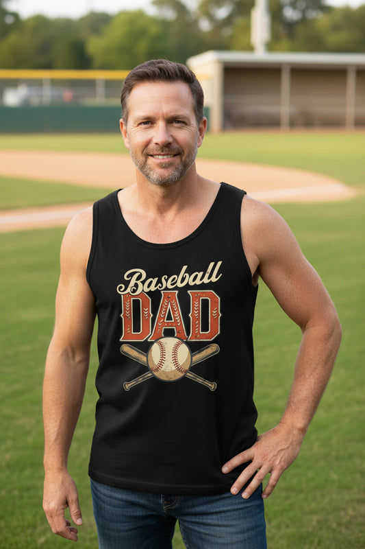 Vintage Baseball Dad Tank Top– Retro Sports Fan Pride Design BLACK - FRONT