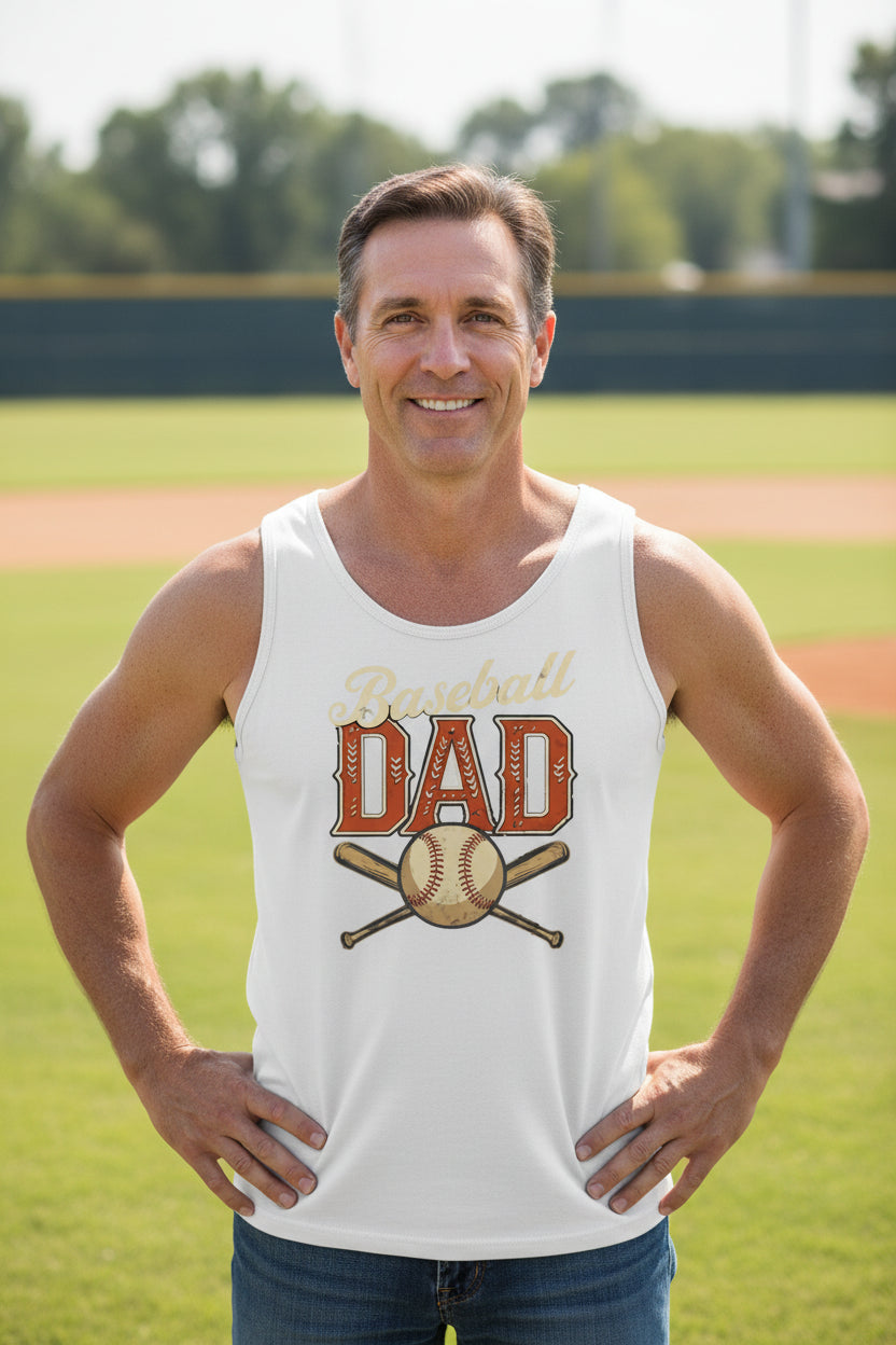 Vintage Baseball Dad Tank Top– Retro Sports Fan Pride Design WHITE - FRONT