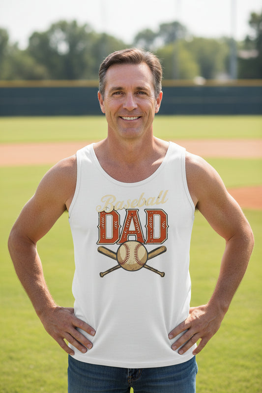 Vintage Baseball Dad Tank Top– Retro Sports Fan Pride Design WHITE - FRONT
