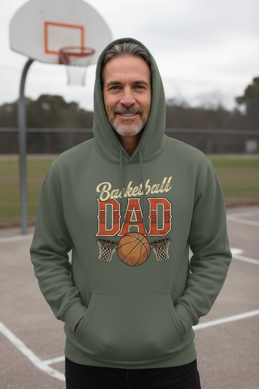 Vintage Basketball Dad Hoodie– Retro Sports Fan Pride Design MILITARY GREEN - FRONT